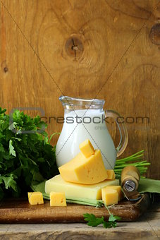 still life of dairy products (milk,  cheese)