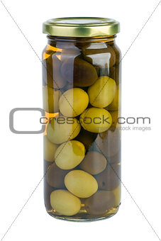 Glass jar with green and black olives