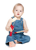 Small baby worker with paint brush and roller
