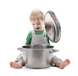 Baby looking inside saucepan