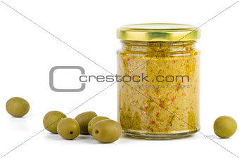 Glass jar with olive spread