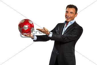 one business man holding showing a soccer ball