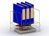 Archive documents of three blue folders on a gold stand