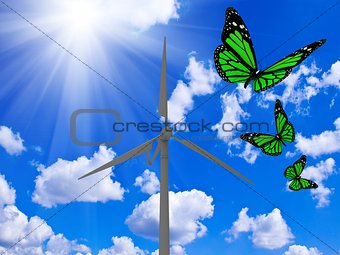 Rotating wind turbine and green butterflies