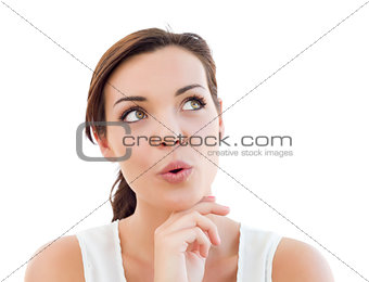 Pensive Young Adult Woman Looking Up on White
