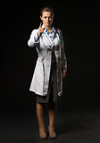 Full length portrait of doctor woman threatening with finger iso
