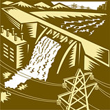 Hydroelectric Hydro Energy Dam Woodcut