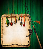 Fishing Tackle Green Wood Background