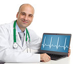 doctor and a laptop with electrocardiogram on the screen
