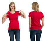 Female with blank red shirt and long hair