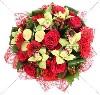 Floral compositions of red roses, red gerberas and orchids. Flor