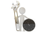 3d humanoid character with a wrench tool and clock