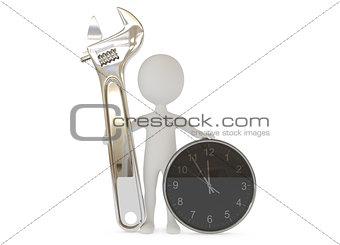 3d humanoid character with a wrench tool and clock