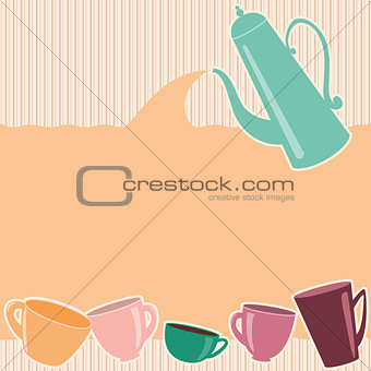 Stripy greeting card with teapot and cups