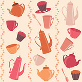 Seamless stripy pattern with tea and coffee items