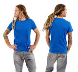 Male with blank blue shirt and dreadlocks