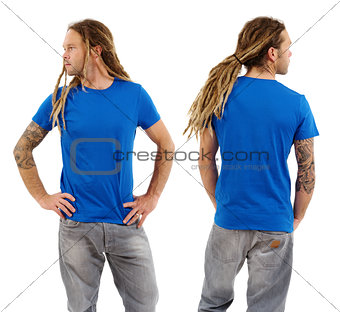 Male with blank blue shirt and dreadlocks