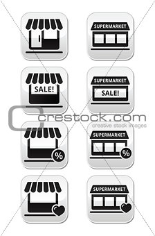 Single shop or store, supermarket vector buttons set