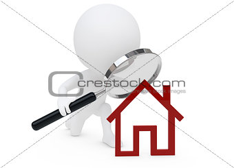3d humaunoid character and a red house symbol