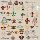 Collection of vector heraldic fleur de lis and crowns