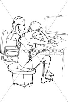 sketch two girls are at a table with a computer