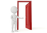 3d humanoid character with a open red door