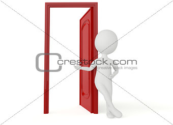 3d humanoid character leans a red door