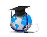 Stethoscope with globe and graduation hat