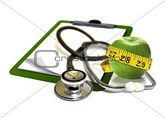 Stethoscope with apple and measurement tape