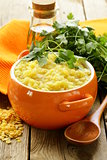 side dish of yellow lentils with herbs and spices
