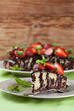 Marble cake with chocolate glaye and strawberries