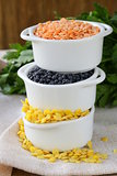 different kinds of lentils - red, yellow and black