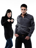 woman restraining a man chained