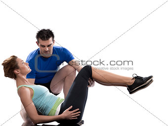 man aerobic trainer positioning woman  Workout