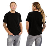 Male with blank black shirt and dreadlocks