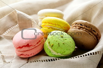 multicolored macaroon cookies, traditional French pastries