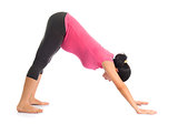 Asian pregnant yoga facing downward dog position.