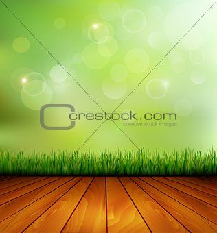 Background with wood and grass. Vector. 