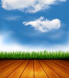 Background with wood and grass. Vector. 