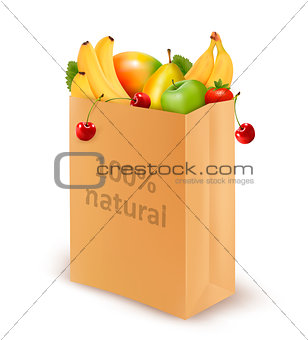 100 percent natural on a paper bag full of fresh fruits. Concept