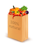 100 percent natural on a paper bag full of fresh vegetables. Con
