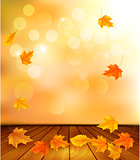 Background with wooden floor and autumn leaves. Vector. 