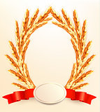 Ripe yellow wheat ears with red ribbons. Vector background 