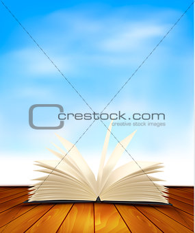 Open book on a wooden floor in front of a blue background. Vecto