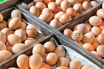 Chicken Eggs in Wood Crates at Southeast Asia Wet Market