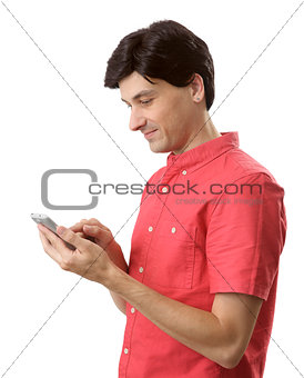 Man reading a text message on mobile phone.