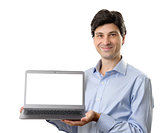 businessman showing his laptop with blank screen