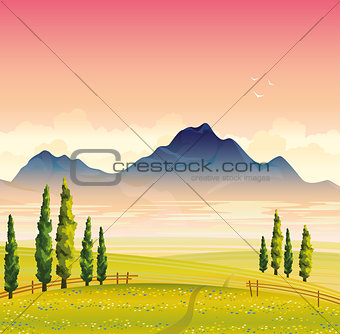 Summer landscape with green meadow and mountains