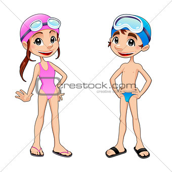 Boy and girl ready to swim. 