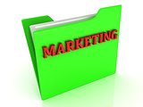 Marketing bright red letters on a green folder with papers 